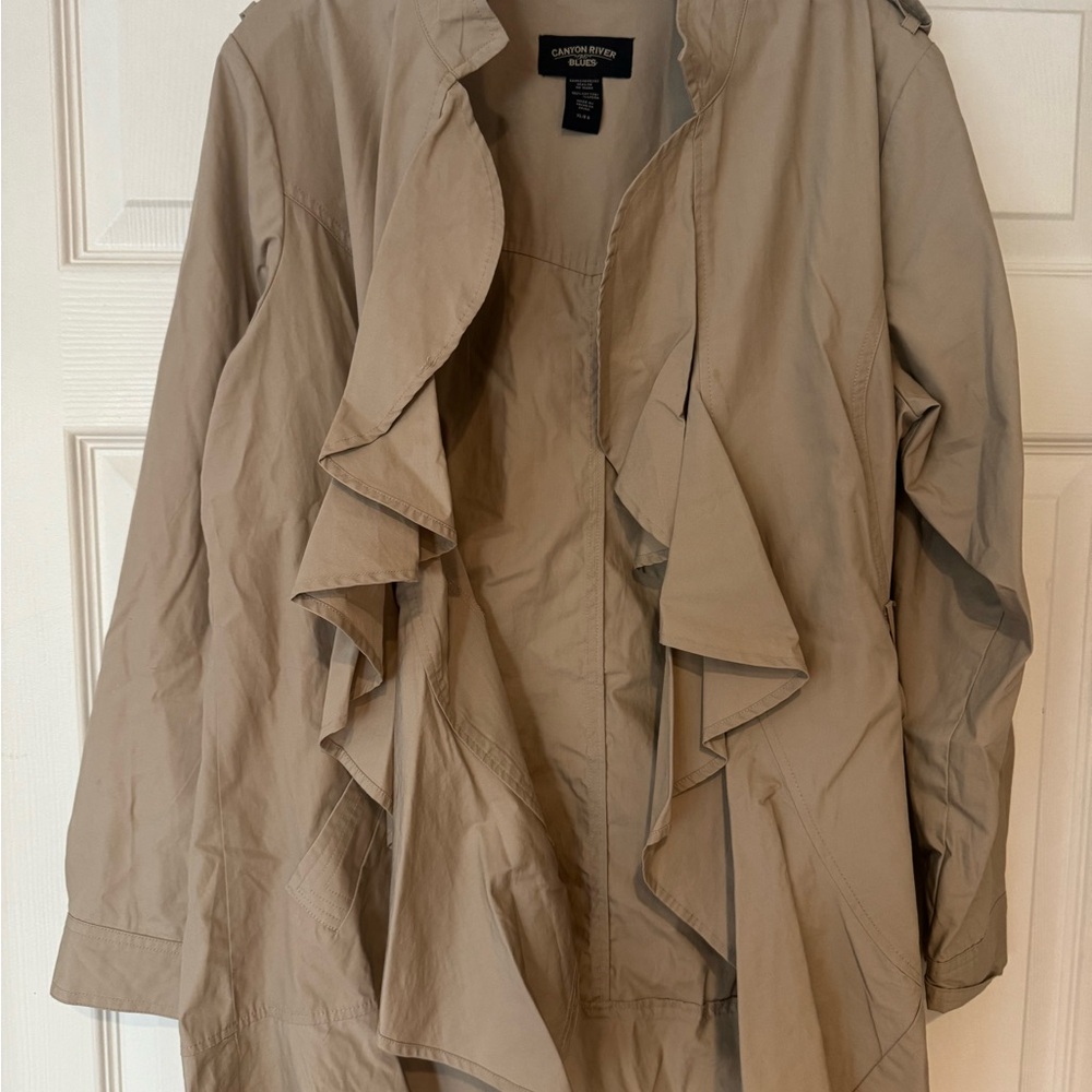 Canyon River Blues Tan Trench Coat with Cascading Ruffles
